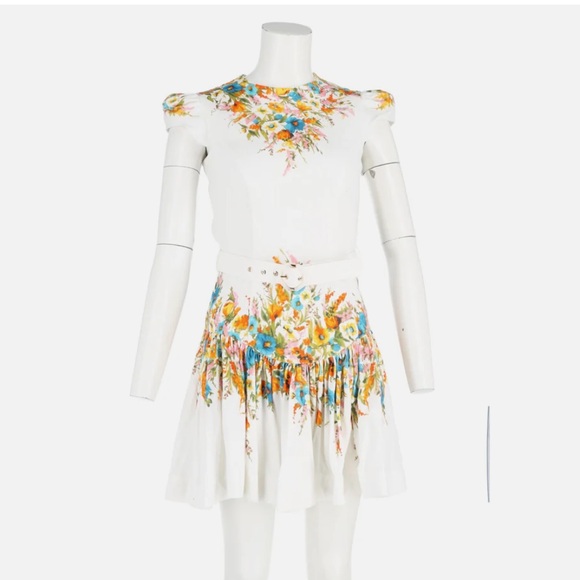Zimmermann Estelle Floral Print Mini Belted Flared Dress In Multicolor Linen - Picture 10 of 10